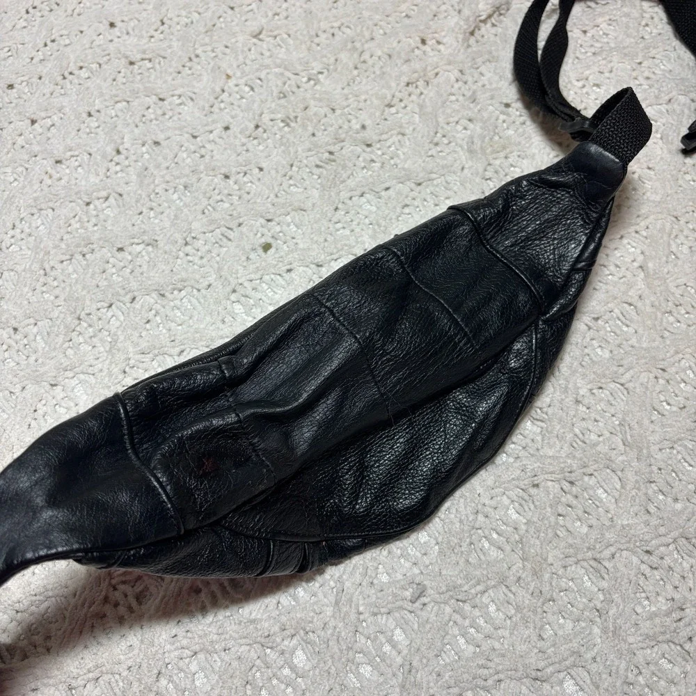 Genuine Leather‎ Fanny Pack Black Solid Multiple Pockets Waist Bag VTG